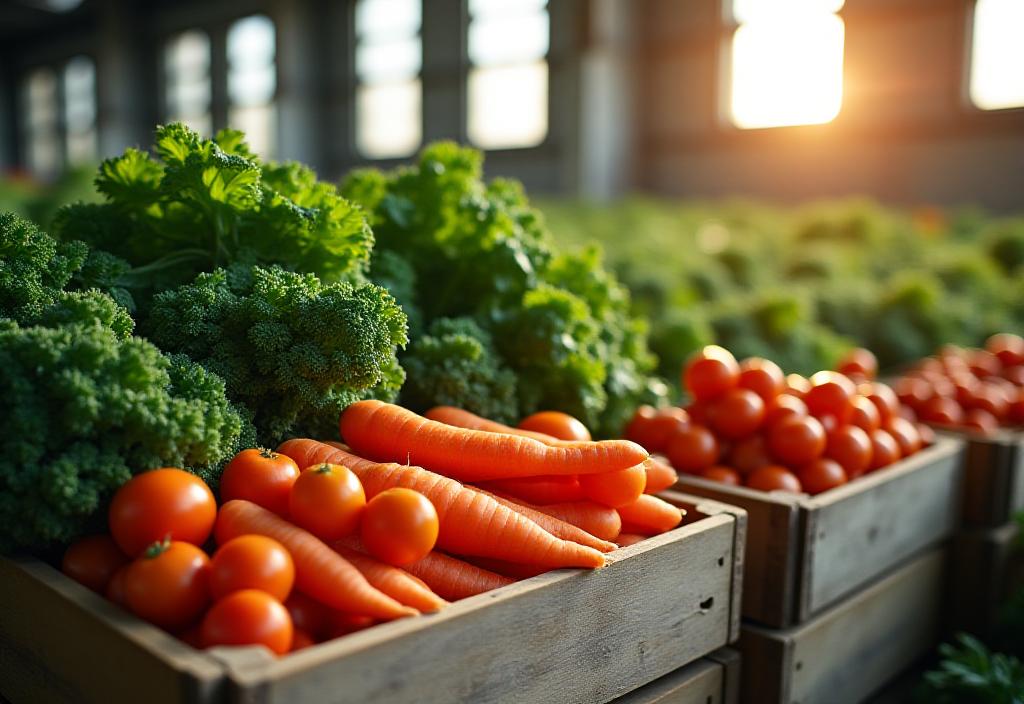 Stacked crates of organic vegetables in a sunlit warehouse